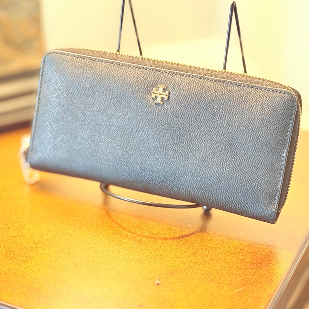 Tory Burch Black Saffiano Zip-Around Wallet with Gold Logo